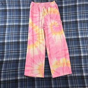 Beach Break Pink Yellow Tie Dye Ribbed Wide Leg Lounge Pants Womens Medium